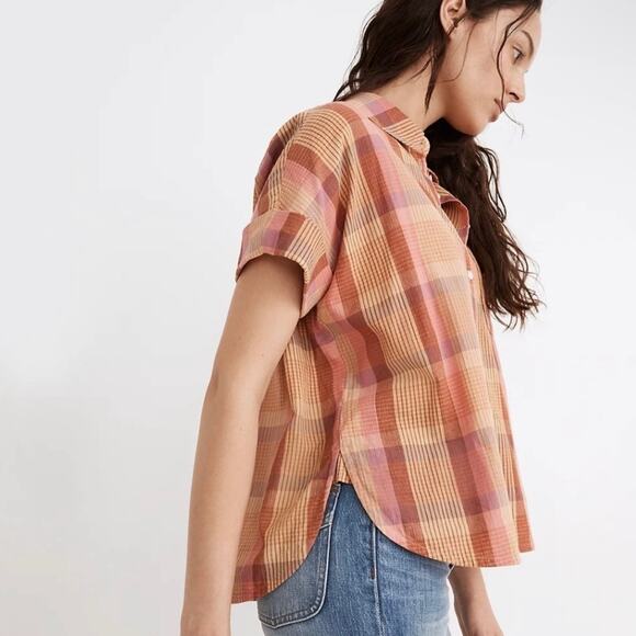 Madewell Daily Brown Striped Button Down Oversized Short Sleeve Shirt Small - Picture 2 of 8
